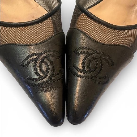 CHANEL Black Mesh Slingback Heels CC Logo Pointed Toe - Picture 2 of 10